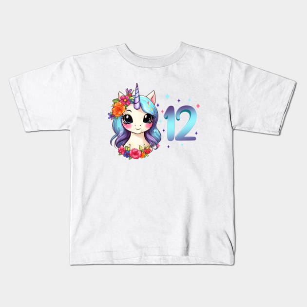 I am 12 with unicorn - girl birthday 12 years old Kids T-Shirt by Modern Medieval Design